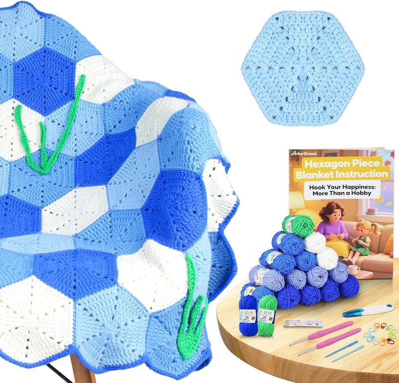 Arborthread Crochet Kit for Beginners, Granny Squares Blanket Knitting Kit w/Step-by-Step Video & Printed Guides for Adults, Kid-Friendly Patterns - Image 1
